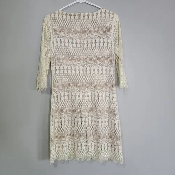 Catherine Malandrino Cream Ivory‎ Lined Lace Crochet Dress 3/4 Sleeve Size 4 - Picture 2 of 11